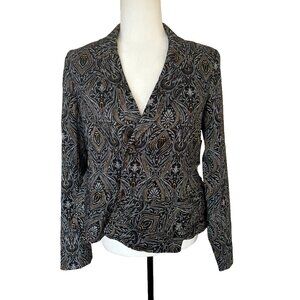 NWT LORD & TAYLOR Blazer Jacket Size 6 Peplum 2 Button Black Gray Gold Jacquard
